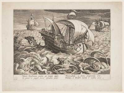 Tre navi circondate da mostri da Jan van der Straet, called Stradanus
