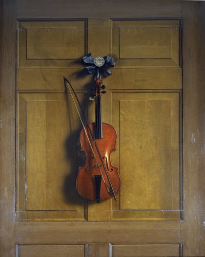 Violino e arco appesi a una porta da Jan van der Vaardt