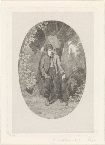 Uomo vicino a un albero in una foresta da Jan van der Veen (prentmaker)