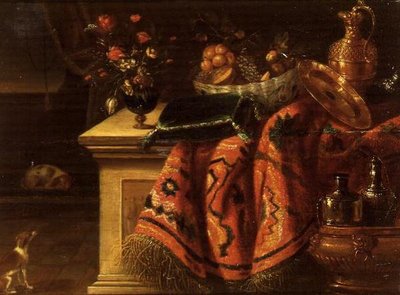 Una natura morta con un vaso di fiori, frutta in una ciotola, un