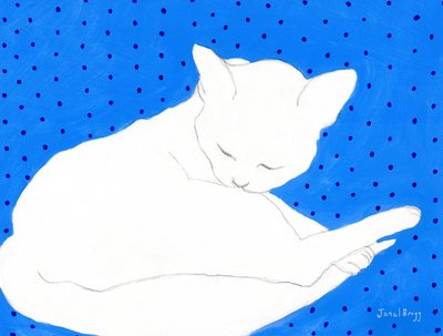 Gatto bianco su blu con pois, c.2024 da Janel Bragg