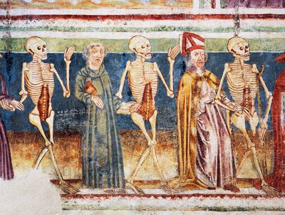 Chiesa fortificata di Hrastovlje, Chiesa della Trinità, La morte accompagna il vescovo e il monaco, Danza della Morte (1490), dettaglio degli affreschi di Janez Iz Kastva, Slovenia da Janez Kastav