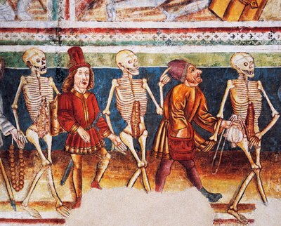 Chiesa fortificata di Hrastovlje, Chiesa della Trinità, La morte accompagna il mercante e il ricco banchiere, Danza della Morte (1490), dettaglio degli affreschi di Janez Iz Kastva, Slovenia da Janez Kastav