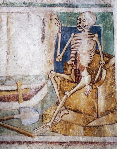 Chiesa fortificata di Hrastovlje, Chiesa della Trinità, La morte apre la lastra della tomba, Danza della Morte (1490), dettaglio degli affreschi di Janez Iz Kastva, Slovenia da Janez Kastav