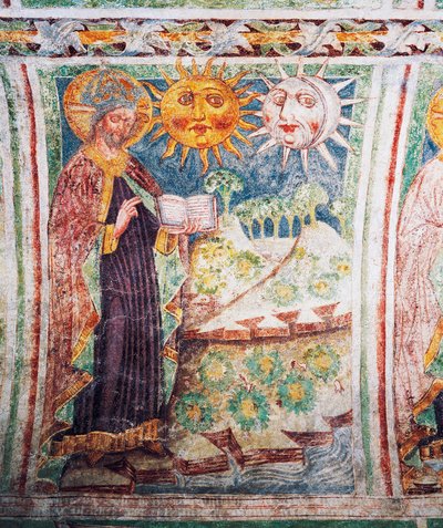 Chiesa fortificata di Hrastovlje, Chiesa della Trinità, Genesi, Dio crea il sole, la luna e le stelle (1490), (dettaglio) dagli affreschi di Janez Iz Kastva, Slovenia da Janez Kastav