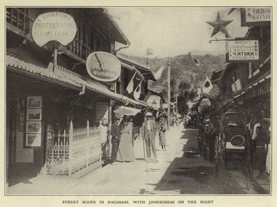 Scena di strada a Nagasaki, con Jinrikishas a destra da Japanese Photographer