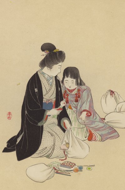 Una madre e sua figlia che sistemano i regali da inviare al fronte da Japanese School