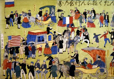 Visitatori americani, olandesi e francesi che arrivano a Yokohama in Giappone, c.1860 da Japanese School