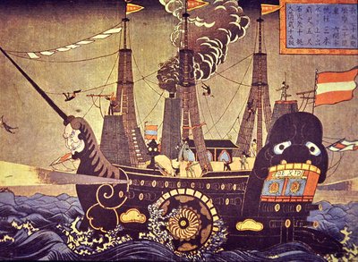 Piroscafo americano a pale laterali del 1853 dipinto da un artista giapponese stupito da Japanese School