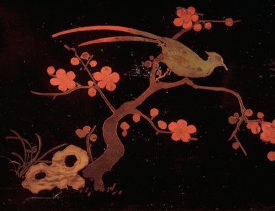 Motivi di uccelli e fiori, scatola bunko in legno e lacca da Japanese School