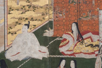 (dettaglio) Primavera nel Palazzo, schermo a sei pieghe da Il Racconto di Genji, c.1650 (inchiostro, colori e oro su carta) da Japanese School