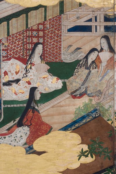(dettaglio) Primavera nel Palazzo, schermo a sei pieghe da Il Racconto di Genji, c.1650 (inchiostro, colori e oro su carta) da Japanese School