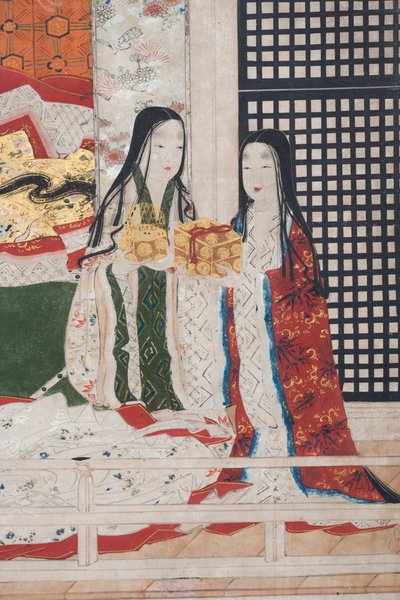 (dettaglio) Primavera nel Palazzo, schermo a sei pieghe da Il Racconto di Genji, c.1650 (inchiostro, colori e oro su carta) da Japanese School