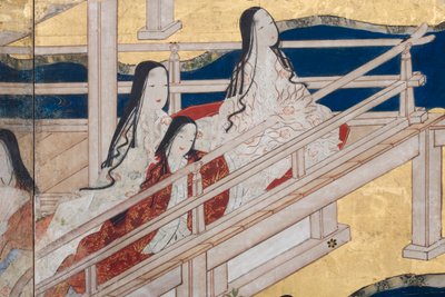 (dettaglio) Primavera nel Palazzo, schermo a sei pieghe da Il Racconto di Genji, c.1650 (inchiostro, colori e oro su carta) da Japanese School