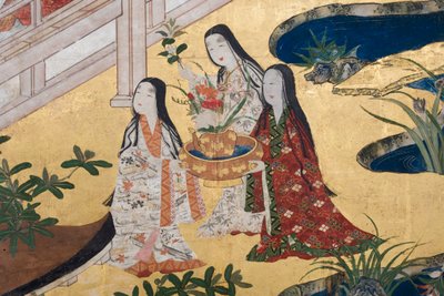 (dettaglio) Primavera nel Palazzo, schermo a sei pieghe da Il Racconto di Genji, c.1650 (inchiostro, colori e oro su carta) da Japanese School