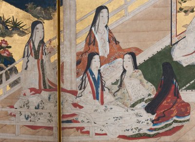 (dettaglio) Primavera nel Palazzo, schermo a sei pieghe da Il Racconto di Genji, c.1650 (inchiostro, colori e oro su carta) da Japanese School