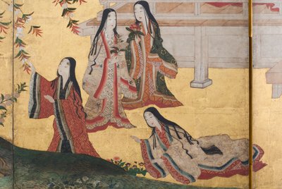 (dettaglio) Primavera nel Palazzo, schermo a sei pieghe da Il Racconto di Genji, c.1650 (inchiostro, colori e oro su carta) da Japanese School