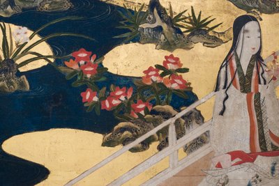 (dettaglio) Primavera nel Palazzo, schermo a sei pieghe da Il Racconto di Genji, c.1650 (inchiostro, colori e oro su carta) da Japanese School