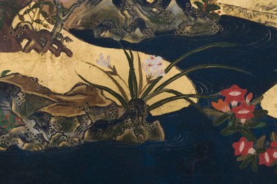 (dettaglio) Primavera nel Palazzo, schermo a sei pieghe da Il Racconto di Genji, c.1650 (inchiostro, colori e oro su carta) da Japanese School