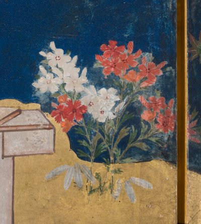 (dettaglio) Primavera nel Palazzo, schermo a sei pieghe da Il Racconto di Genji, c.1650 (inchiostro, colori e oro su carta) da Japanese School