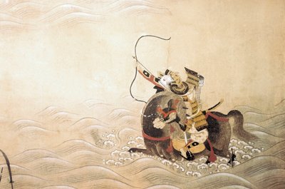 Episodio della guerra Genpei (1180-1185): un samurai armato di arco e montato su un cavallo attraversa un fiume a guado. Arte giapponese della scuola Tosa da Japanese School