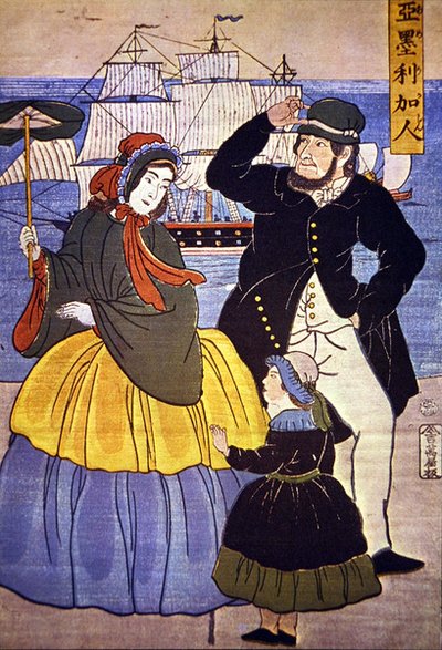 Famiglia europea sul fronte del porto di Yokohama dipinta da un artista giapponese nel 1861 da Japanese School