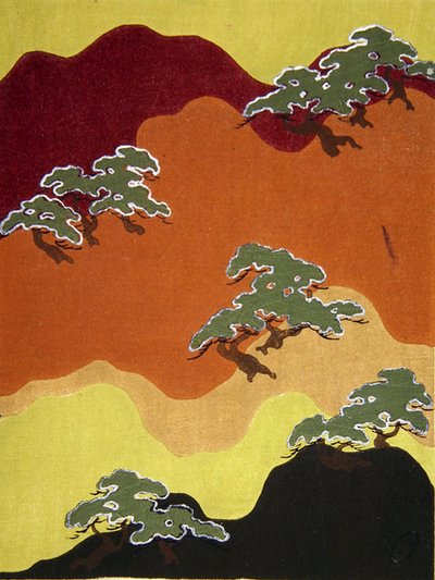 Disegno di tessuto di montagna con alberi, fine XIX secolo da Japanese School