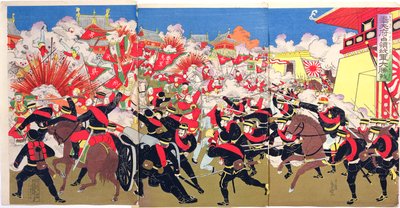 Combattimenti feroci tra truppe giapponesi e cinesi in una città cinese, un episodio della guerra sino-giapponese, fine XIX secolo da Japanese School