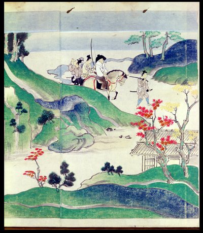 Ippen a cavallo con la sua scorta, dalla storia illustrata della vita del monaco Ippen (1239-89) da Japanese School