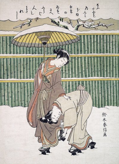 Amanti giapponesi che camminano nella neve, pub. c. 1768 da Japanese School