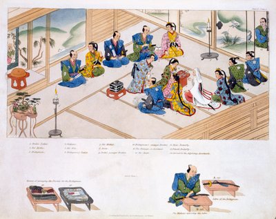 Matrimonio giapponese: incontro delle due famiglie, con mediatore, pub. 1824 da Japanese School