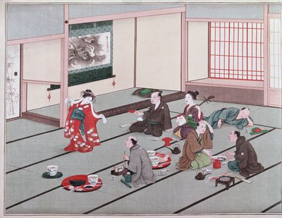 Giapponesi che mangiano, bevono e si divertono in una casa da tè da Japanese School