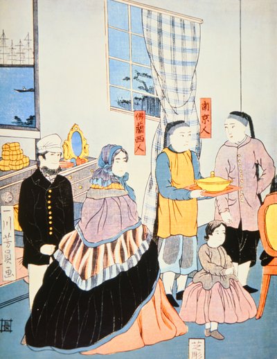 Stampa giapponese c.1870 che mostra visitatori europei in Giappone da Japanese School