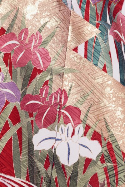 Kimono Furisode (maniche svolazzanti) indossato da giovani donne non sposate in occasioni eleganti e Maiko (apprendista Geisha), seta liscia, motivi Hinpaku, iris, dettaglio, tintura Kaga-Yuzen, mulini tessili Tokamachi, civiltà giapponese, XX secolo da Japanese School