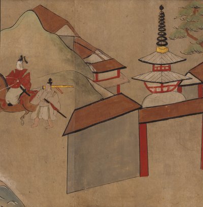 Uomo che cavalca vicino a una pagoda, illustrazione dal 
