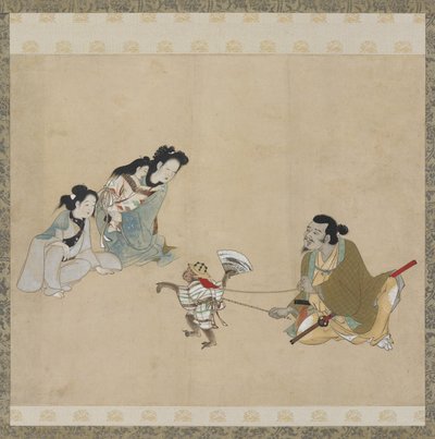 Addestratore di scimmie e scimmia che eseguono una danza, periodo Edo da Japanese School