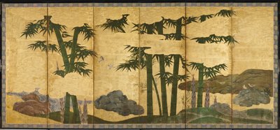 Boschetto di bambù al chiaro di luna, inizio XVI secolo (Coppia di sei pannelli; inchiostro, colore e oro su carta) da Japanese School