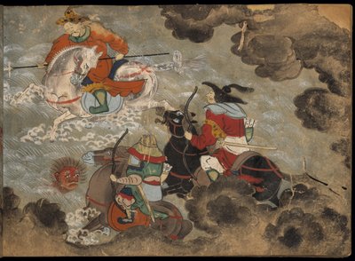 Soldati a cavallo che combattono demoni, illustrazione dal 
