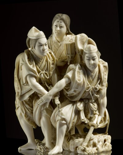Okimono raffigurante i Fratelli Soga che stanno per uccidere Suketsune guidati alla sua tenda da Tora da Japanese School