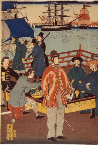 Una stampa di trittico che mostra mercanti europei che si ristorano con giapponesi. Sullo sfondo ci sono navi nel porto di Yokohama, Giappone da Japanese School