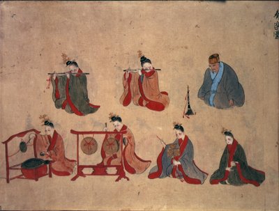 Sette musicisti seduti, dalle esibizioni musicali di Ryukyu, c.1800-50 da Japanese School