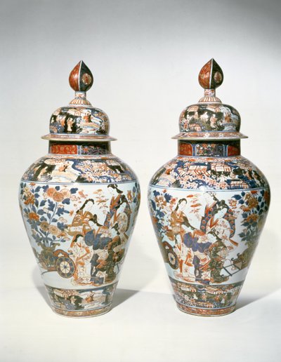 Coppia di vasi a balaustro Imari e coperchi da Japanese School