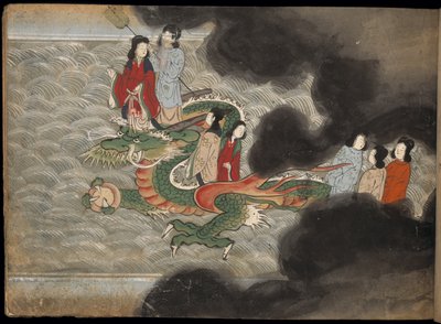 Persone che cavalcano un drago, illustrazione dal 