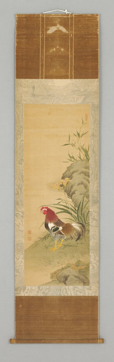 Gallo vicino a una roccia, fine XVIII o inizio XIX secolo (Rotolo appeso: inchiostro e colore su seta, legno) da Japanese School