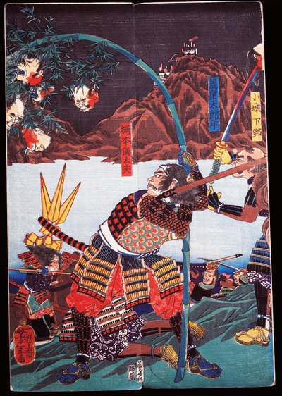 Samurai che mostrano le teste mozzate dei loro nemici su canne di bambù, sewamono (dramma domestico) da Japanese School