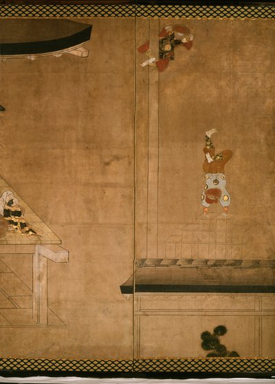 Schermo a sei pieghe che raffigura acrobati che si esibiscono davanti a una ricca famiglia da Japanese School
