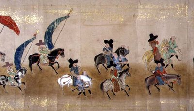 Sesta Ambasciata Coreana in Giappone nel Meireki 1 al Tempo della Successione di Tokugawa Ietsuna nel 1651, probabilmente di Kano Masunobu (1625-94) (dettaglio) da Japanese School