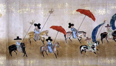 Sesta Ambasciata Coreana in Giappone nel Meireki 1 al Tempo della Successione di Tokugawa Ietsuna nel 1651, probabilmente di Kano Masunobu (1625-94) (dettaglio) da Japanese School