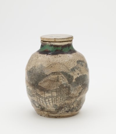 Vaso per foglie di tè per sencha, con coperchio abbinato, ceramica correlata a Kyoto da Japanese School