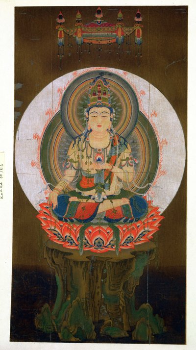 Il Bodhisattva Akashagarba che tiene il gioiello Cintamani (che esaudisce i desideri) nella mano sinistra e seduto su un loto, illustrazione da un kakemono del IX secolo dal tempio di Daigo da Japanese School